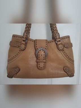 Brighton Tan Leather Shoulder Bag Braided Handles Large Buckle Studded Western